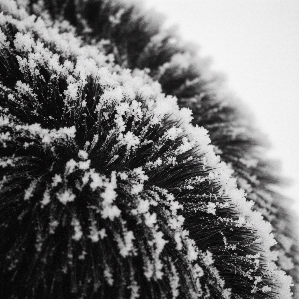 Körnige Schwarz-Weiß-Aufnahme: das schneebedeckte, dunkle Fell eines Trüffelschweins, fast abstrakt